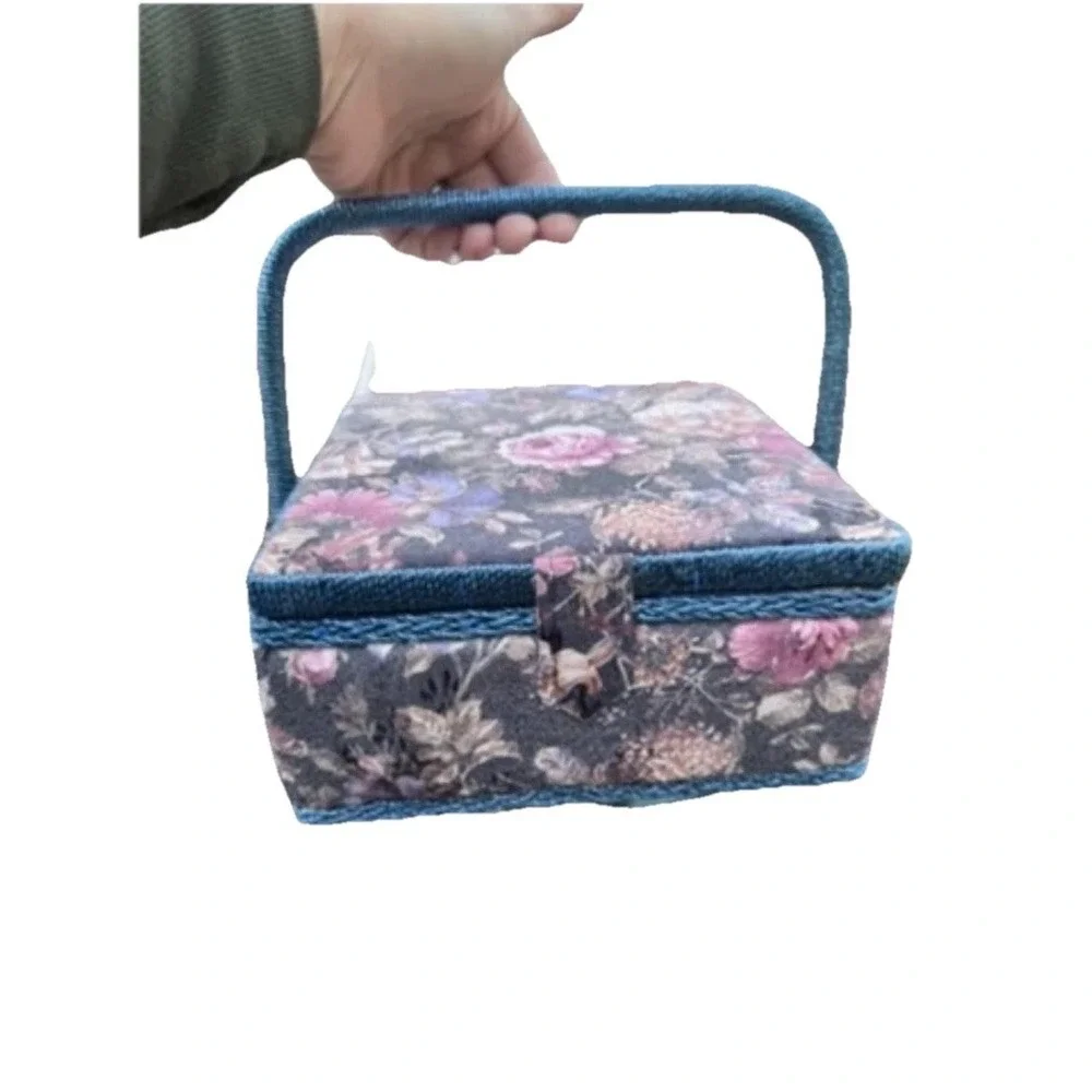 Vintage Sewing Basket Fabric Floral Pattern Storage Box Blue Roped‎ Top Handle